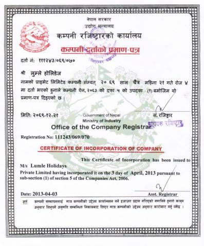 Company Registration Certificate | Muktinath Darshan